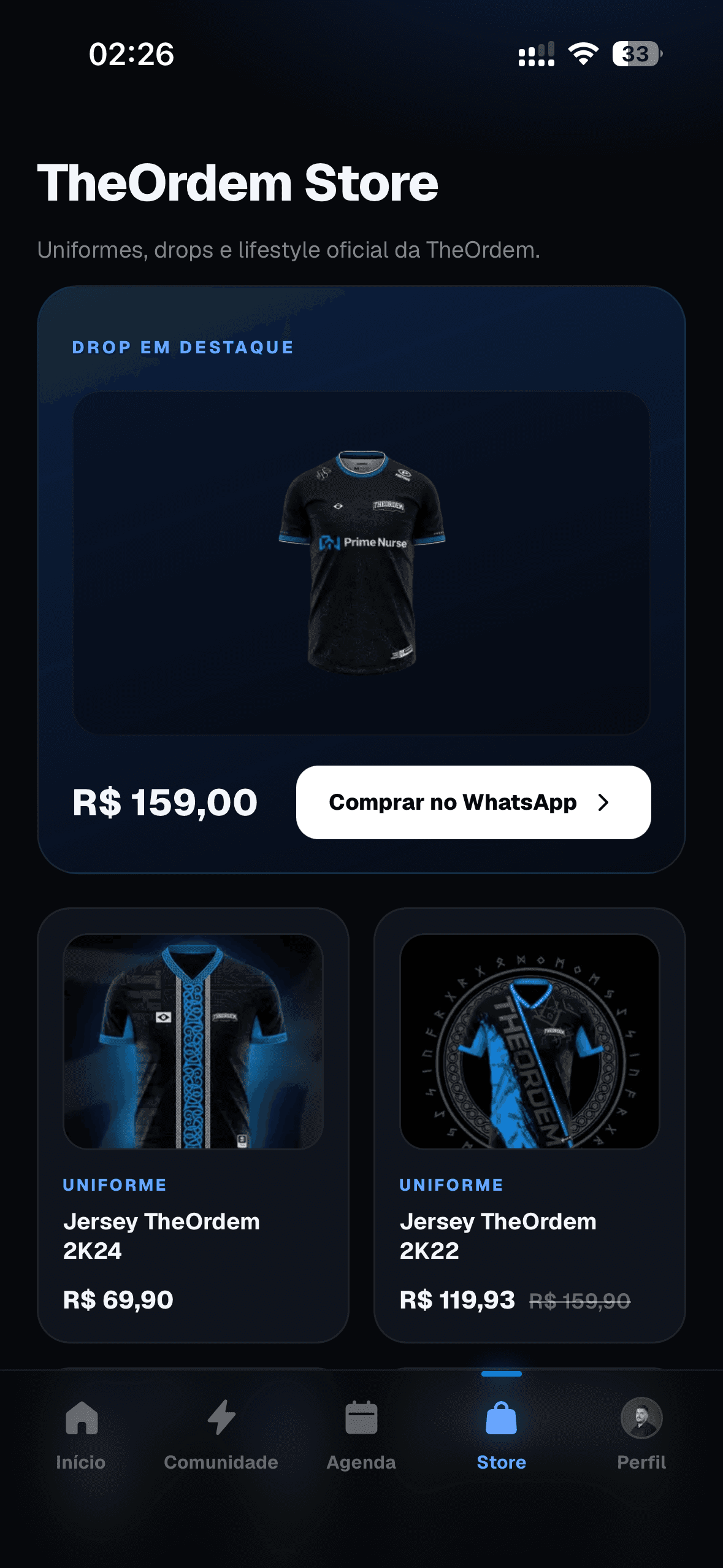 Tela da loja no app da TheOrdem
